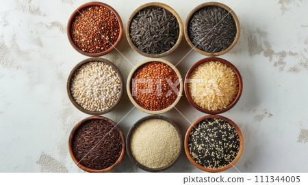 Bowls of Grains on Concrete Background Bowls of Grains on Concrete Background 111344005
