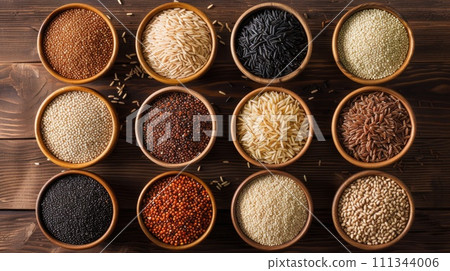 Variety of Whole Grains in Wooden Bowls 111344006