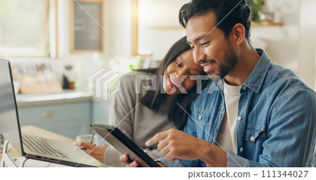 Home, typing and couple with a tablet, planning a meal and communication with social media, speaking and internet connection. Network, man and woman with technology, marriage and website information 111344027