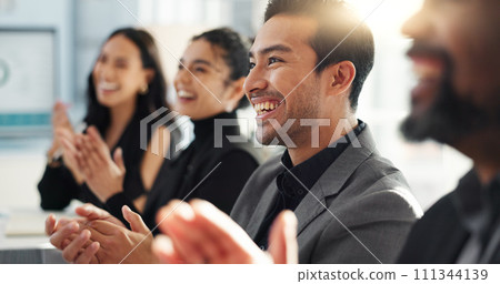 Business people, meeting and group applause in success, support or thank you for achievement, praise or promotion. Professional team of men and women clapping for news, congratulations or celebration 111344139