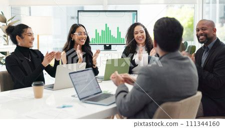 Meeting, business people and high five for success in office for b2b project with smile and deal. Achievement, men and women at workshop in corporate training, congratulations or celebration together 111344160