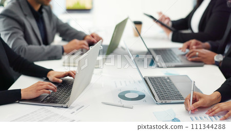 Hands of business people at meeting, typing on laptop for collaboration and teamwork, paperwork or agenda. Networking, group of men and women with computer, online market research and office workshop 111344288