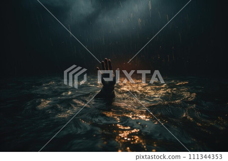 Hand reaching out for help from the dark sea. AI-generated item 111344353