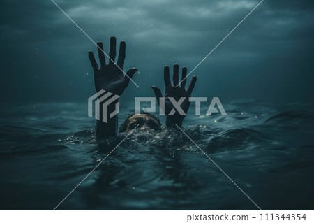 Drowning person's hands in rainy seascape. AI-generated item 111344354