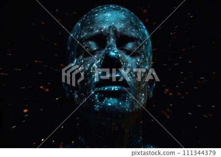 blue painted face with closed eyes surrounded by cosmic energy sparks. AI-generated item 111344379