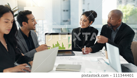 People, collaboration meeting and laptop screen for data analysis, financial report and planning of profit or accounting. Business manager or group review and talk of statistics or growth on computer 111344401