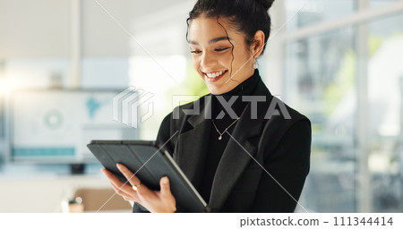 Happy businesswoman in office with tablet, email or social media for business feedback, schedule or agenda. Smile, digital app and woman networking online for market research, web review and report. Happy businesswoman in office with tablet, email or social media for business feedback, schedule or agenda. Smile, digital app and woman networking online for market research, web review and report. 111344414