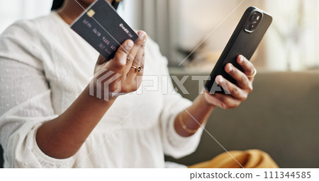 Woman, credit card and hands with phone for ecommerce payment, online shopping and fintech at home. Closeup, mobile banking and finance for sales, password and code for wealth to upgrade subscription Woman, credit card and hands with phone for ecommerce payment, online shopping and fintech at home. Closeup, mobile banking and finance for sales, password and code for wealth to upgrade subscription 111344585