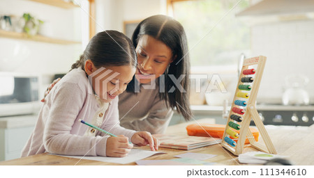 Homework, mother and girl with education, teaching and conversation with support, help and knowledge. Female child writing, student or mama with a kid, kitchen and learning with growth or development 111344610