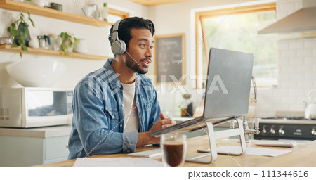 Remote work from home, talking and man with a laptop, video call or social media with online meeting. Male person, entrepreneur or employee with a pc, conversation or webinar with internet connection 111344616
