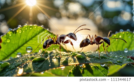 Close-up of ants or ant on a leaf in the wonderful green nature in sunlight on a meadow - ai generated 111344617