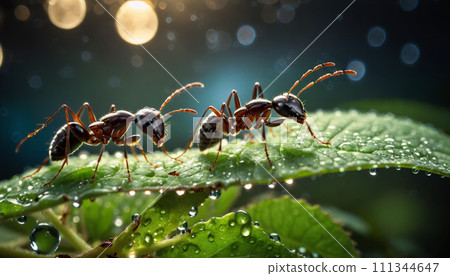 Close-up of ants or ant on a leaf in the wonderful green nature in sunlight on a meadow - ai generated 111344647
