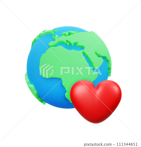 3D Cute Cartoon Earth with Heart Isolated on White Background. Design Element for International Mother Earth Day or Environmental Protection Concept. Vector Illustration of 3D Render. 111344651