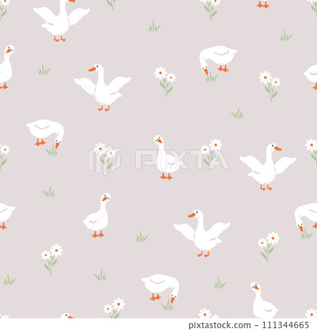 Seamless pattern with cute white gooses. Domestic and wild ducks on farm. Hand drawn print. Perfect for fabric, package paper, wallpaper, postcards. Vector illustration in flat cartoon style 111344665