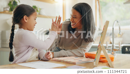 Learning, high five and mother with girl for home education, language success, support and love, hug and teaching. Helping, yes and happy family, mom and child for school writing and drawing on paper Learning, high five and mother with girl for home education, language success, support and love, hug and teaching. Helping, yes and happy family, mom and child for school writing and drawing on paper 111344721