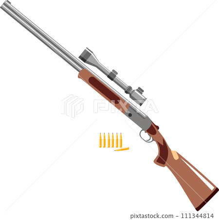Hunting Rifle with Optical Sight and Rifle Cartridges Isolated Icon in Flat Style. Vector Illustration. Hunting Rifle with Optical Sight and Rifle Cartridges Isolated Icon in Flat Style. Vector Illustration. 111344814