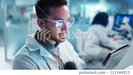 Tablet, scientist and happy for analysis in laboratory, healthcare and reading of online pharmaceutical research. Asian expert, technology or connection for innovation or information in biotechnology 111344825