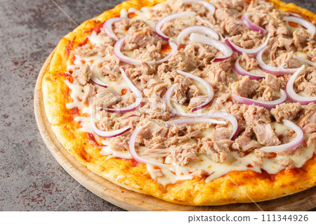 Pizza tonno e cipolla with canned tuna and red onion closeup on the wooden board. Horizontal 111344926