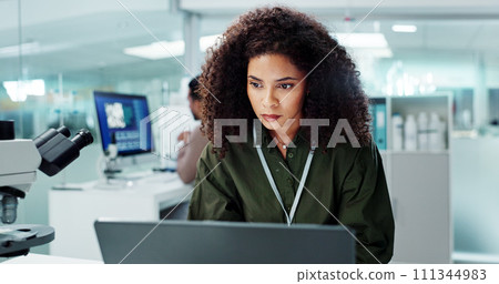 Woman. laptop and lab for research science or online internet for futuristic discovery, microscope or medicine. Female person, brainstorming and biotechnology for investigation, cure or development Woman. laptop and lab for research science or online internet for futuristic discovery, microscope or medicine. Female person, brainstorming and biotechnology for investigation, cure or development 111344983