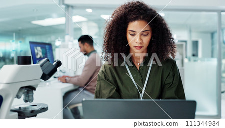 Woman. laptop and lab for research science or online internet for futuristic discovery, microscope or medicine. Female person, brainstorming and biotechnology for investigation, cure or development Woman. laptop and lab for research science or online internet for futuristic discovery, microscope or medicine. Female person, brainstorming and biotechnology for investigation, cure or development 111344984