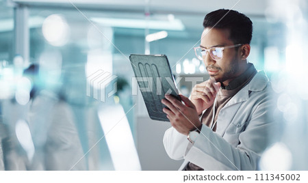 Tablet, thinking or scientist with research in laboratory for a chemistry report or medical test feedback. Asian man, person typing or science update for online medicine development news on website 111345002