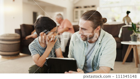 Tablet, love and happy family father, kid or people working on e learning, knowledge or support son with online school research. Home, youth child or dad bond, laugh or enjoy study, streaming or app 111345148