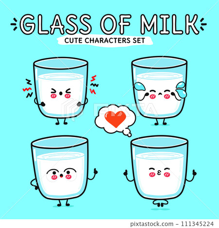 Funny cute happy Glass of milk characters bundle set. Vector hand drawn doodle style cartoon character illustration icon design. Isolated on blue background. Glass of milk mascot character collection 111345224