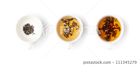 Tea Brewing Process in White Cup Isolated, Stages of Brewing Black Tea, Brew Ceremony, White Background 111345279