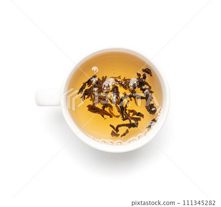 Tea Brewing Process in White Cup Isolated, Stages of Brewing Black Tea, Brew Ceremony, White Background 111345282