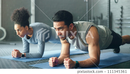 Couple, fitness and gym workout of training friends together for a core strength exercise for abs. Strong, sports and athlete wellness cardio of people doing a sport in a health club or studio 111345361
