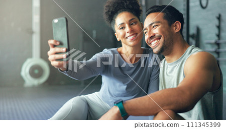 Asian man, woman or phone selfie in gym workout, training or exercise for social media, health app or fitness vlog. Smile, happy or bonding exercise friends or people on mobile photography technology 111345399