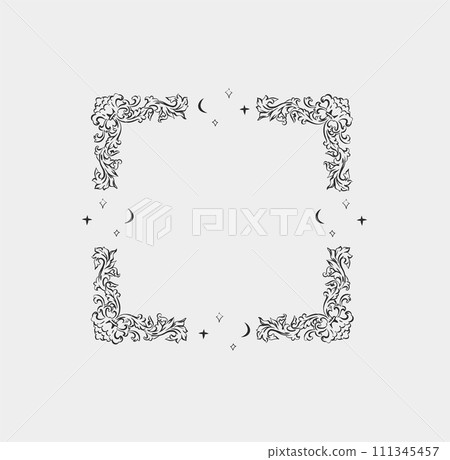 Hand drawn vector abstract outline,graphic,line vintage baroque ornament floral frame in calligraphic elegant modern style.Baroque floral vintage outline design concept.Vector antique frame isolated. 111345457