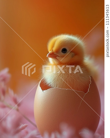 Cute small chick sitting in cracked eggshell. Soft warm apricot Easter greeting card. AI Generated Cute small chick sitting in cracked eggshell. Soft warm apricot Easter greeting card. AI Generated 111345613