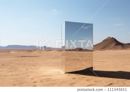 Mirrored rectangular sculpture in desert landscape. AI-generated item 111345651