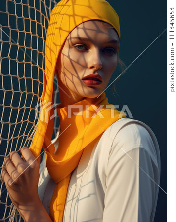 Stylish fashionable model in yellow headscarf on head posing outdoor. AI-generated item 111345653