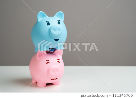 The blue piggy bank financially exploits the pink one. The concept of an unhealthy relationship between a couple where the partner is unemployed or infringes on the rights of the partner. 111345700