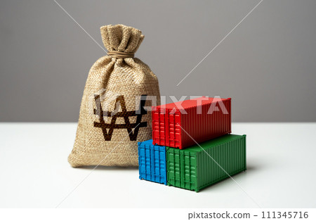 Stack of shipping containers and south korean won money bag. Trade, economics and transport industry. Production of containers. GDP and production. Import or export. Tariffs and tax collections. 111345716