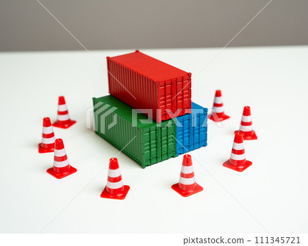 Sea containers are blocked for transportation. Cargo seizure and export restrictions. Economic impediments. Affecting economies and businesses, dependent on the uninterrupted exchange of goods 111345721