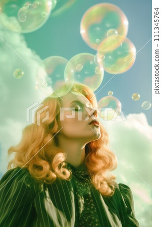 Elegant blonde woman surrounded by soap bubbles. AI-generated item Elegant blonde woman surrounded by soap bubbles. AI-generated item 111345764