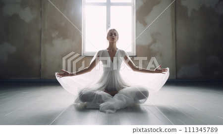 Woman in white dress meditating in sunlit room.. AI-generated item 111345789