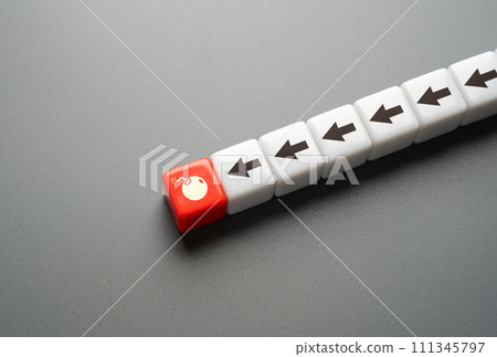 The arrows point to the bomb. The concept of coming to disaster. Urging attention to a potential catastrophe. Need for proactive measures to avert disaster. 111345797
