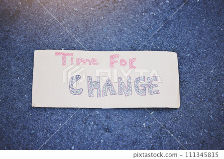 Climate change, poster or billboard banner on protest cardboard sign for planet earth, world sustainability or globe security. Abstract zoom on future global warming or eco environment on city street 111345815