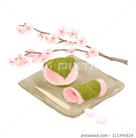 Illustration of two types of sakuramochi and cherry blossom branches on a Japanese plate 111345819