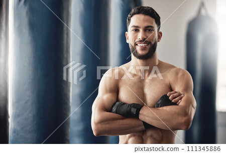 Boxing training, workout portrait and boxer for sports motivation, fitness for wellness and sport exercise at the gym. Strong, healthy and smile athlete with muscle power for competition fight 111345886
