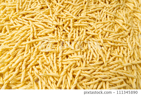 Raw Trofie Pasta, Dry Italian Macaroni, Traditional Genoa Food, Raw Noodle, Modern Ligurian Cuisine Raw Trofie Pasta, Dry Italian Macaroni, Traditional Genoa Food, Raw Noodle, Modern Ligurian Cuisine 111345890
