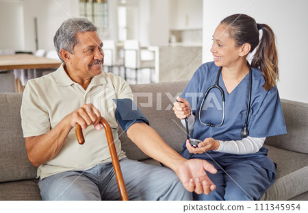 Blood pressure, senior man or nurse in healthcare, medical wellness or insurance check. Happy, trust or consulting medicine worker or caregiver on nursing home sofa with retirement disability elderly Blood pressure, senior man or nurse in healthcare, medical wellness or insurance check. Happy, trust or consulting medicine worker or caregiver on nursing home sofa with retirement disability elderly 111345954