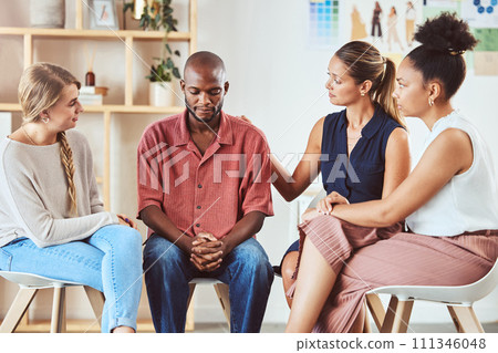 Group therapy, support or mental health community in comfort of sad black man with anxiety, depression or stress. Diversity friends, women or people in counseling in psychology trust meeting for help 111346048