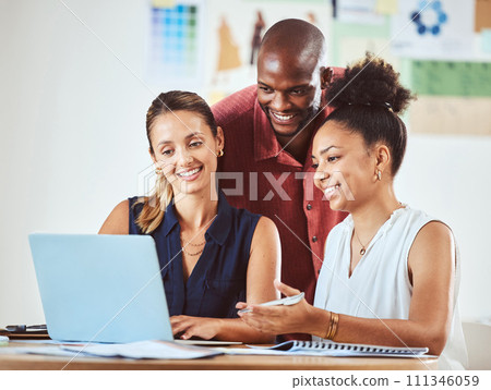 Teamwork, planning and digital marketing strategy in a meeting with laptop in startup office with diversity while discussing online data. Creative team, collaboration and support while sharing ideas 111346059