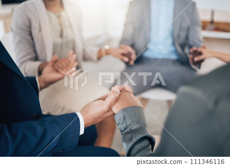 Business people holding hands in prayer, community trust and support in therapy, workshop and communication for mental health. Depression, anxiety or stress with employees or counseling in circle 111346116