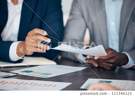 Paper documents research, business people hand and team planning data, budget logistics and investment meeting ideas. Closeup corporate management, strategy analytics and economy finance report chart 111346123